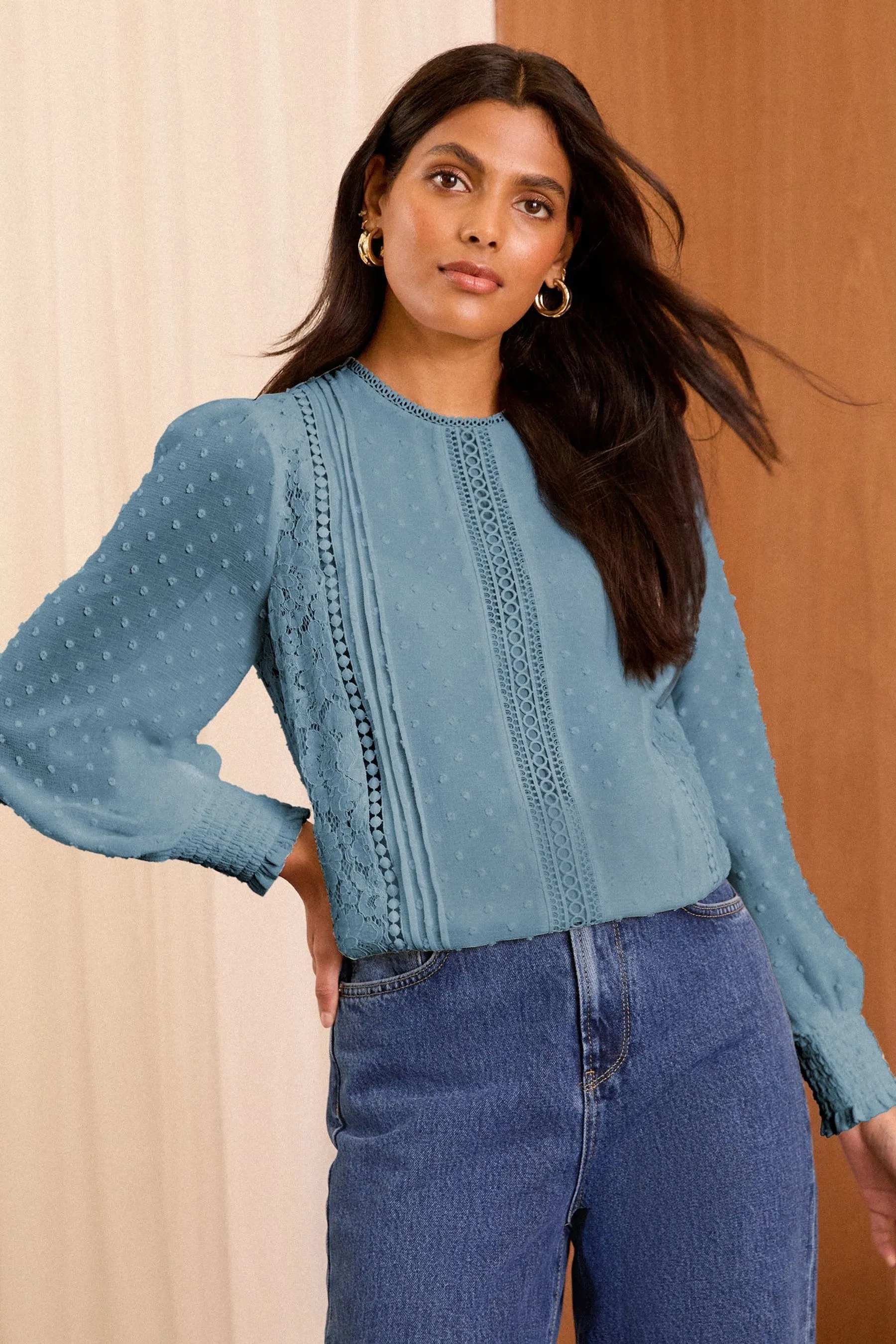 Love & Roses Lace Dobby Crew Neck Long Sleeve Blouse    