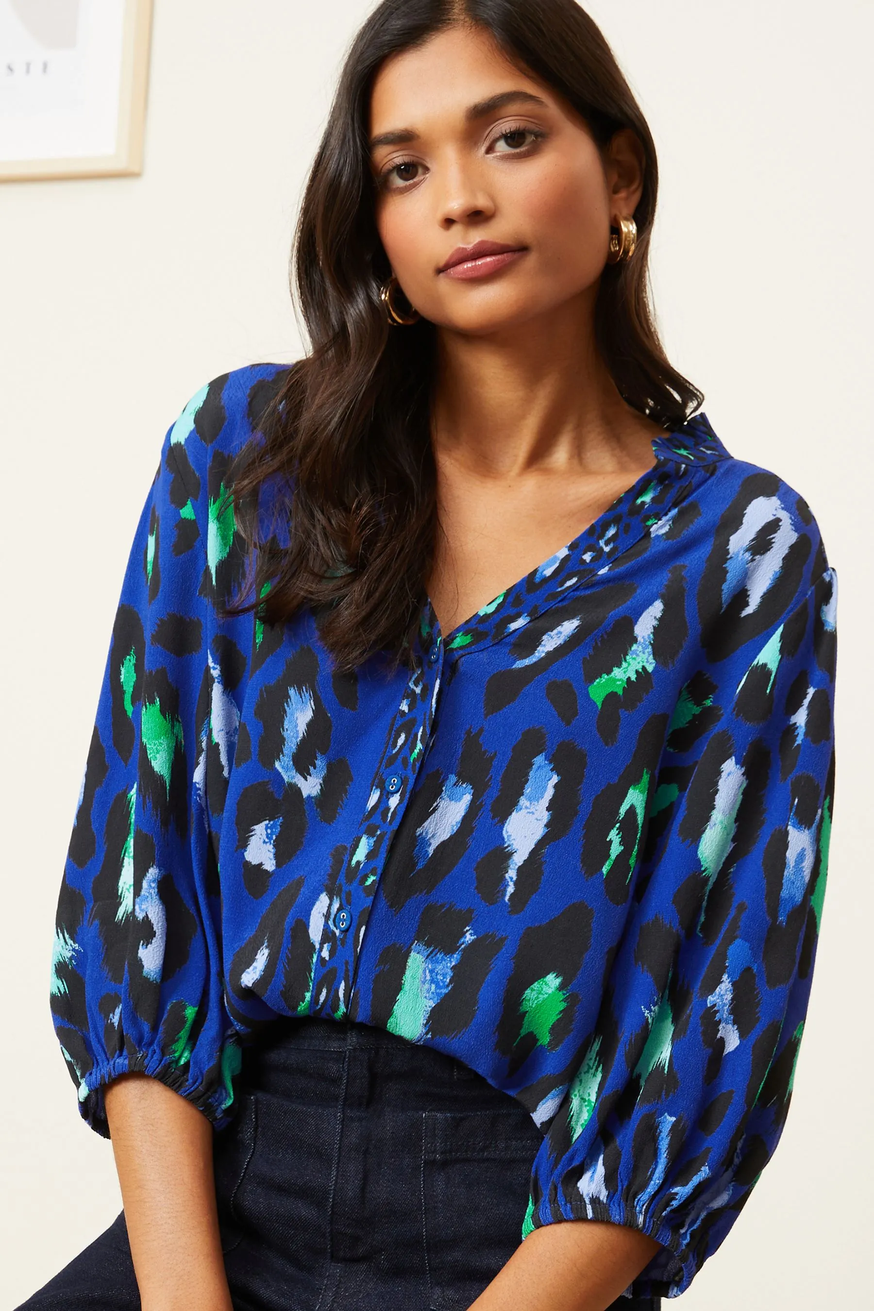 Love & Roses Ruffle V Neck 3/4 Sleeve Button Through Blouse    