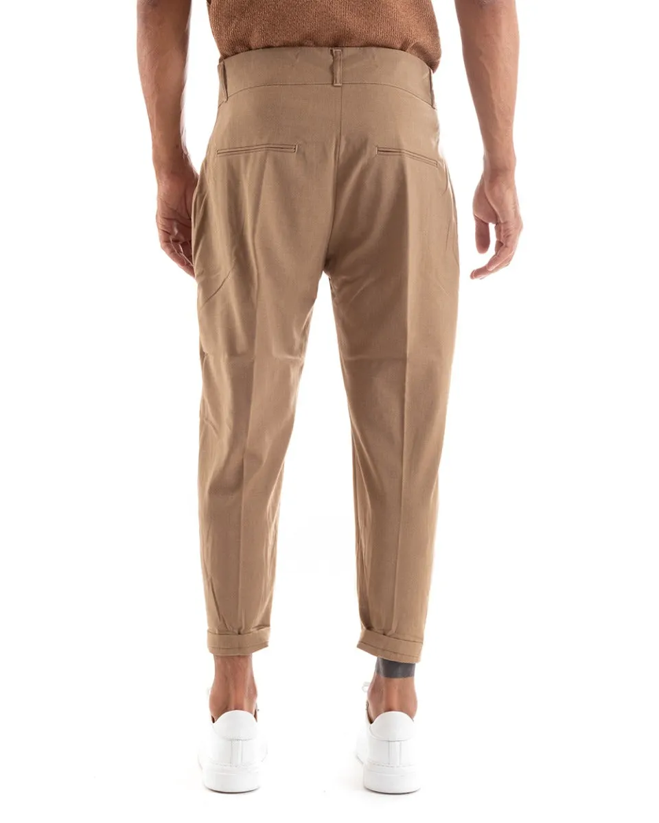 Pantaloni Uomo Abbottonatura Allungata Fibbia Alta Classico Pinces Elegante Camel GIOSAL-P5381A