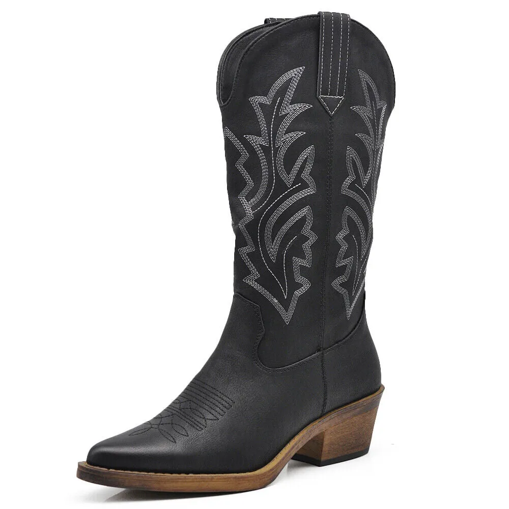 Stivali Stivaletti Da Donna Texani Cowboy Cowgirl A Punta Etnici Ricamati G676