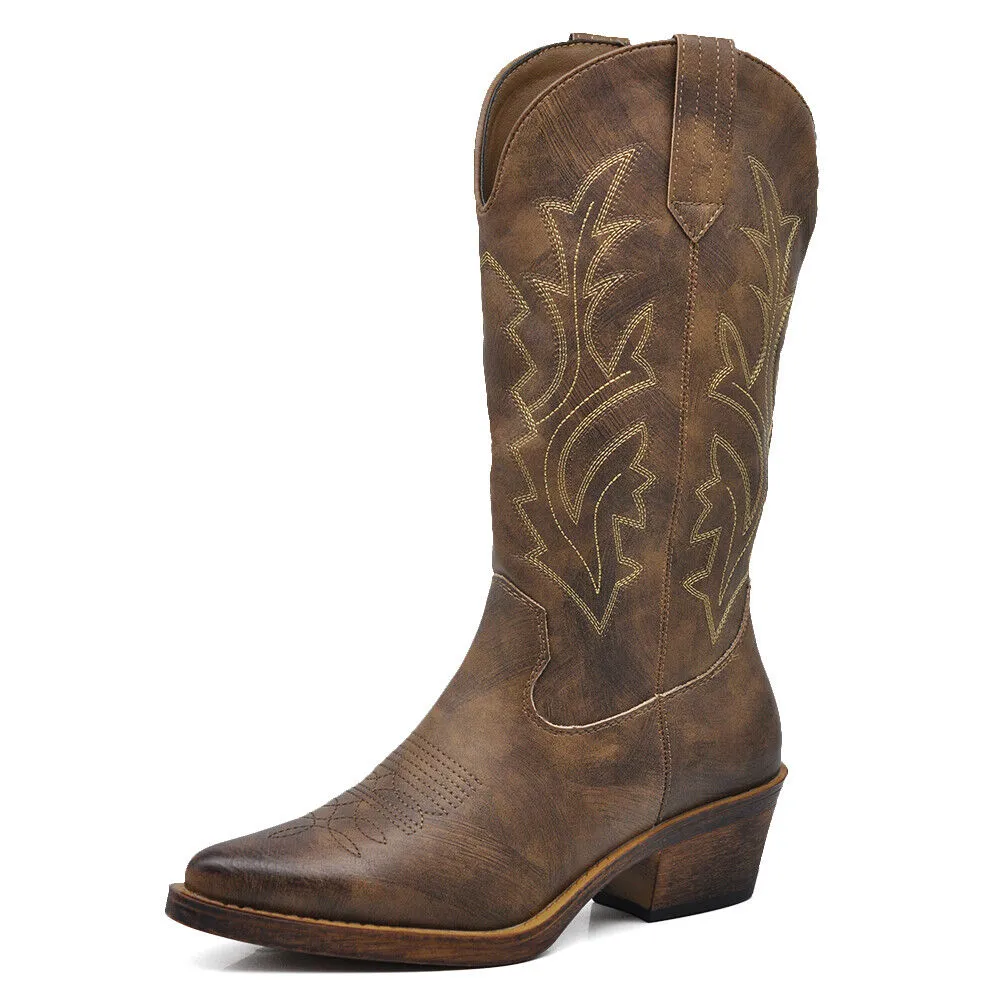 Stivali Stivaletti Da Donna Texani Cowboy Cowgirl A Punta Etnici Ricamati G676
